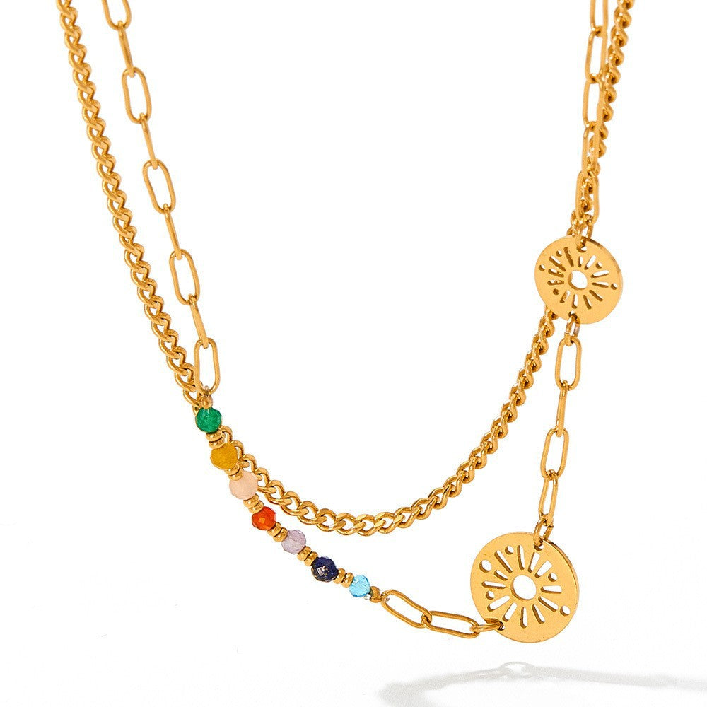 Venta al por mayor Collar chapado en oro de acero inoxidable con girasol y círculo pequeño de margaritas
